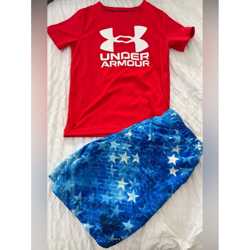 Under Armour Red Swim Rash Guard with White Logo and trunks size 4